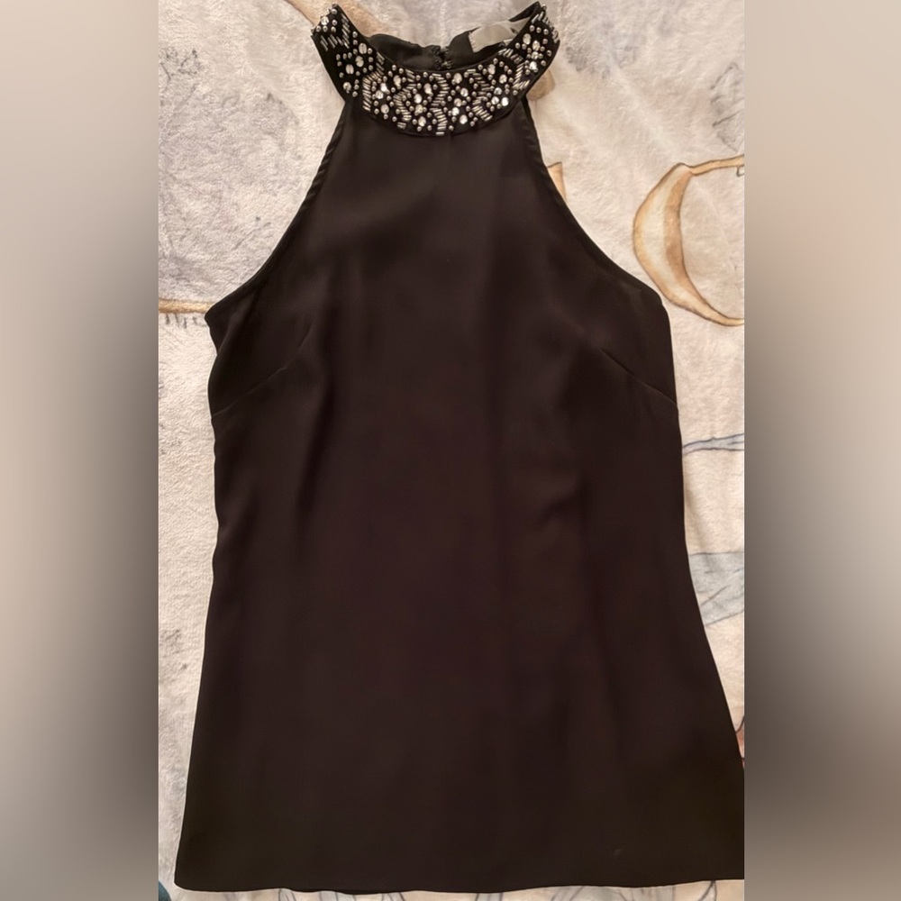 WD.NY Black Sleeveless Halter Top/ Tunic w/ Silver Beaded Embellished Neckline